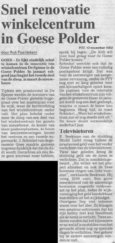 artikel PZC 12 november 2002 "Snel renovatie winkelcentrum in Goese Polder"